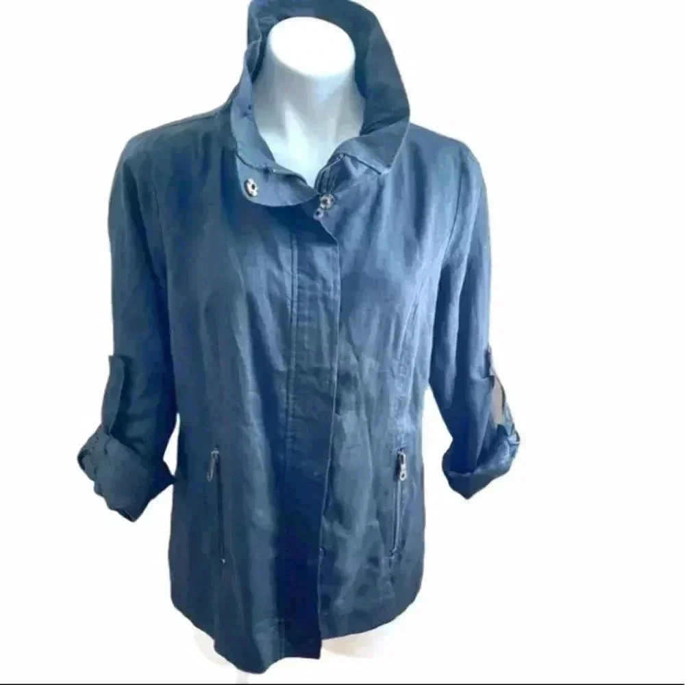 Puli linen lined black jacket tabbed sleeves funnel neck